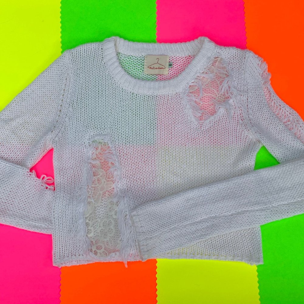 White LF Lace Distressed Sweater